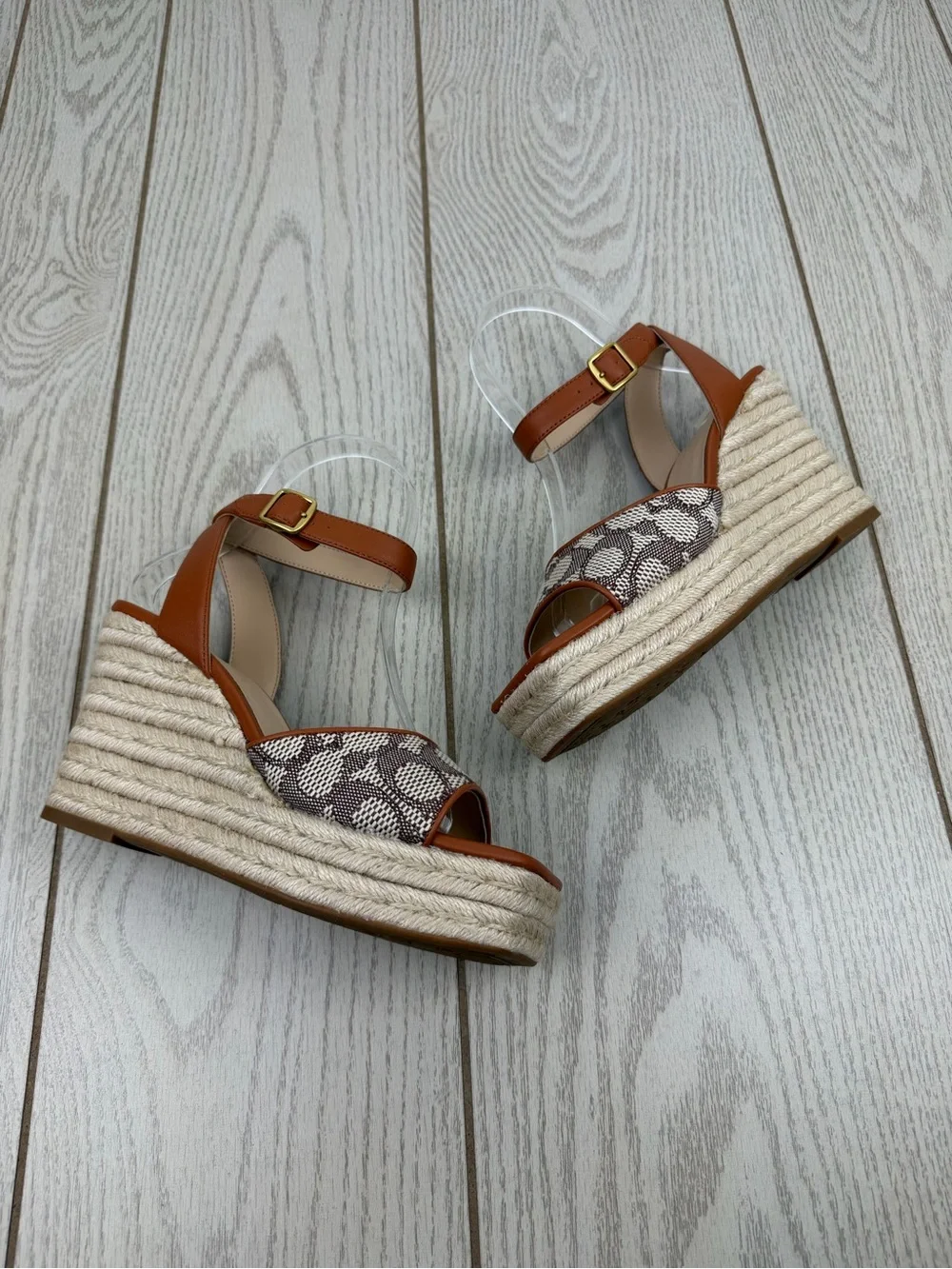 Coach Women's Signature Jacquard Espadrille Wedge Sandals 6.5B Cocoa Amber $175